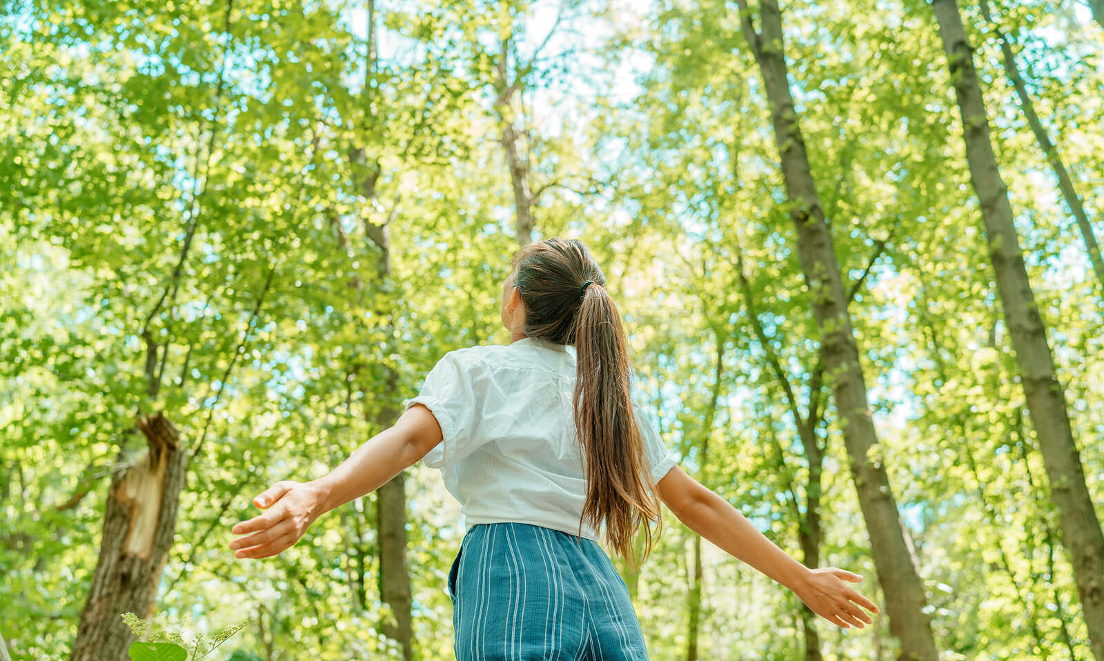 Photo of a woman standing in the woods with her arm outstretched. Are you suffering from anorexia? Learn how anorexia nervosa treatment in Georgia can help provide you support and guidance to recover.